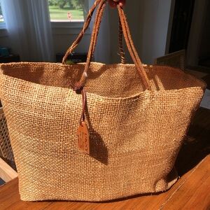 DKNY Woven Boho Beach Bag, Brown leather handles
